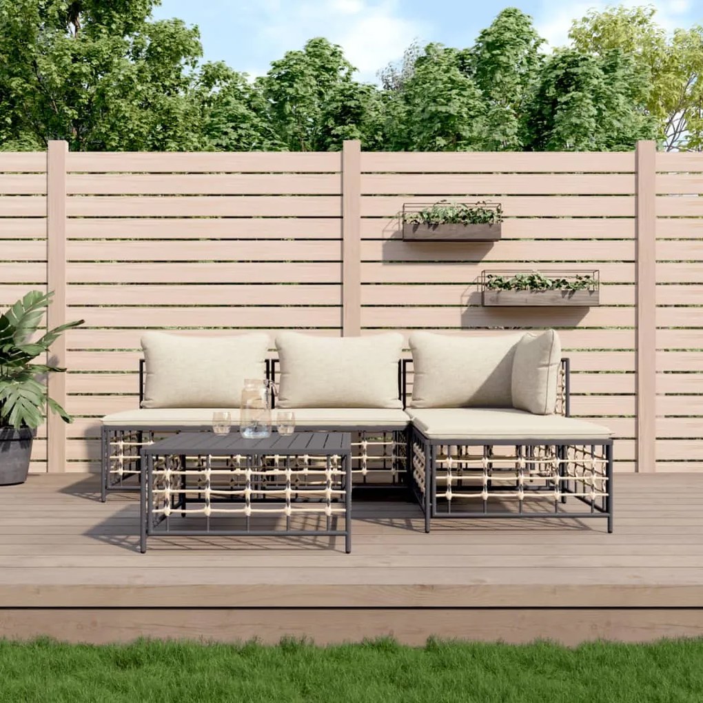 5 részes antracitszürke polyrattan kerti ülőgarnitúra párnákkal