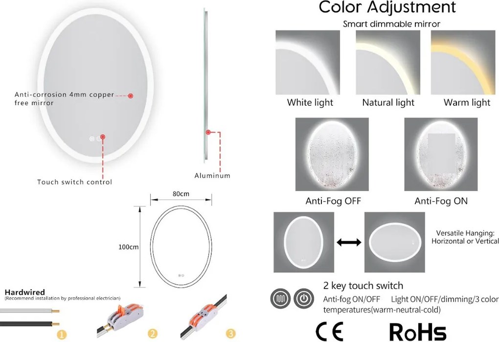 Erga Paola, ovális LED tükör 80x100cm, 2645 lm, 3 fényszín, első és hátsó világítás, ERG-V01-302-1080-00