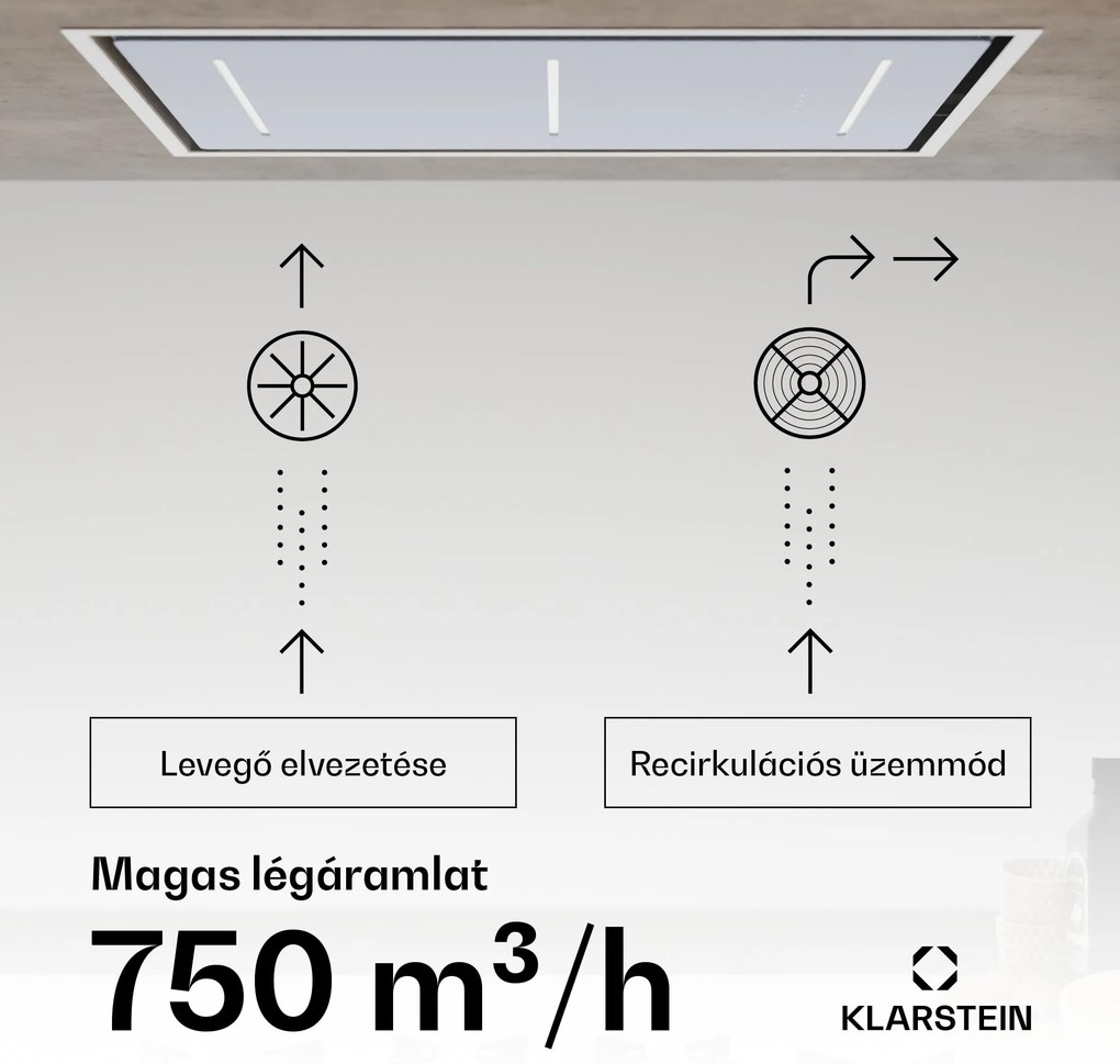 Klarstein LuxeAir páraelszívó, 90 cm, WLAN + Bluetooth, LED, 751 m³/h, elszívás/recirkuláció, EEC: A