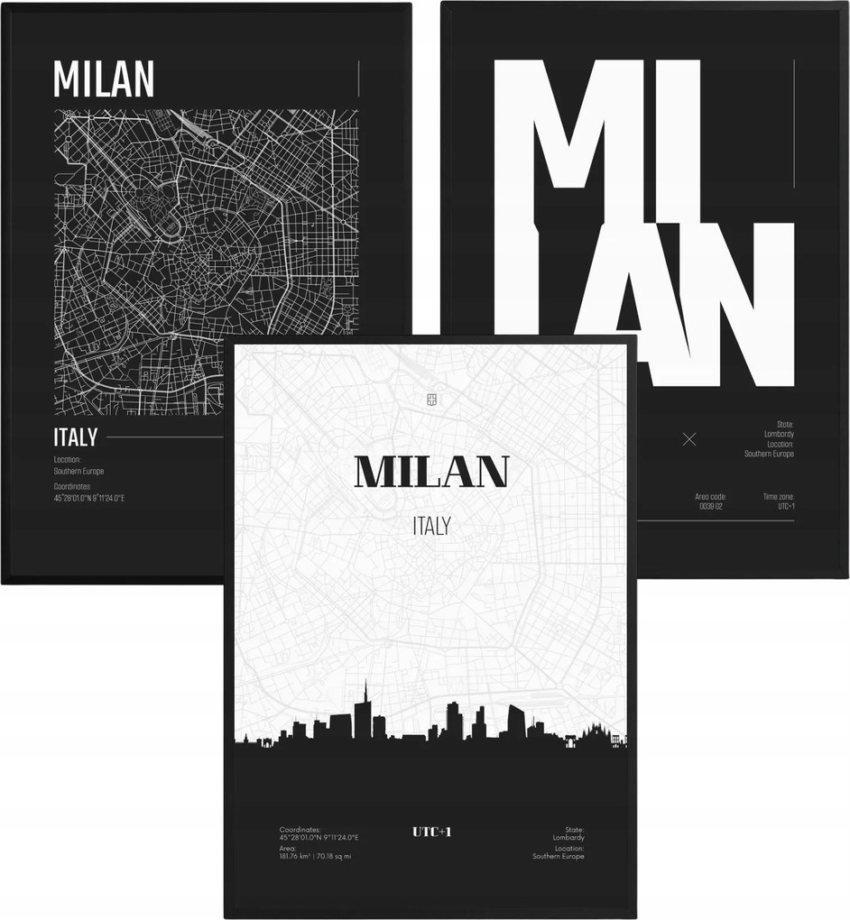 Poszter szett Milánó Térkép Panoráma Fekete-fehér Képek Nappaliba 61x91