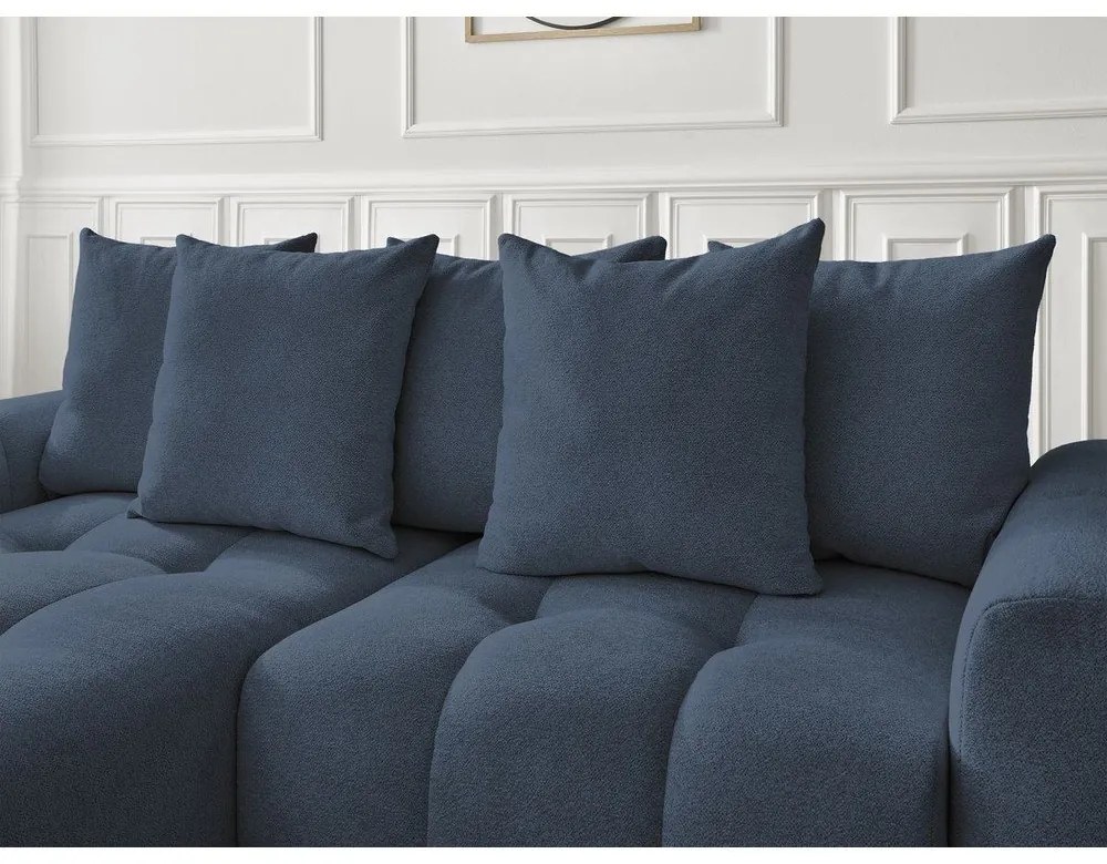 Kék zsenília kinyitható-tárolóhelyes sarokkanapé (bal oldali-heverő résszel) Roxelane – Bobochic Paris