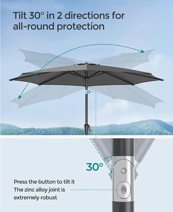 Kerti napernyő, kültéri napernyő 30°-ban dönthető, szürke