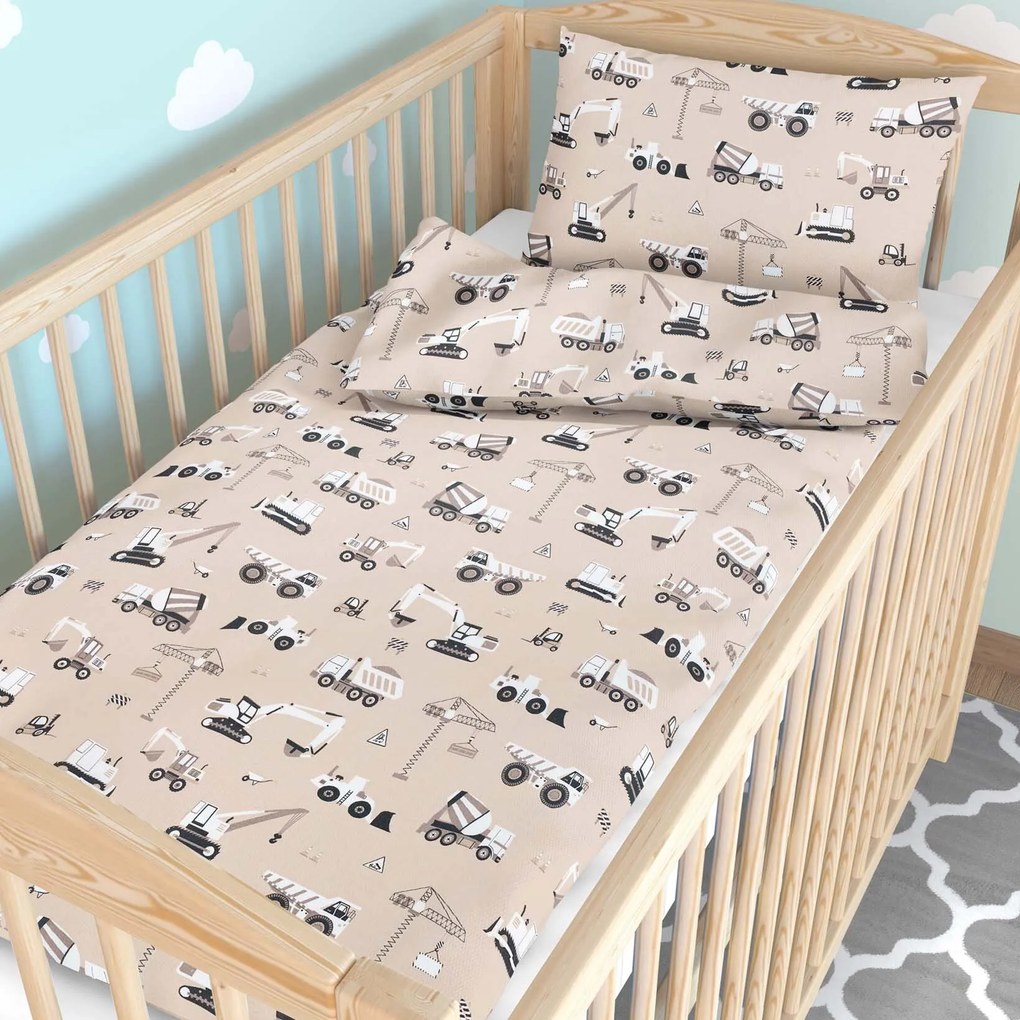 Goldea gyerek pamut ágyneműhuzat kiságyba - teherautók és markolók bézs alapon 90 x 120 és 40 x 60 cm