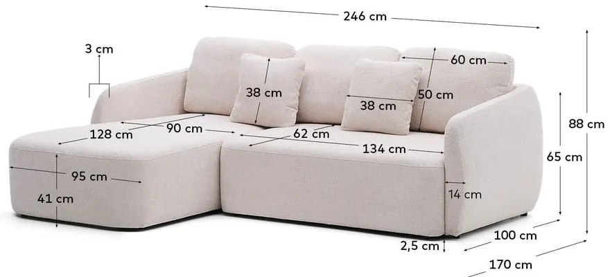 Krémszínű zsenília kinyitható sarokkanapé (bal oldali-heverő résszel) Laira – Kave Home