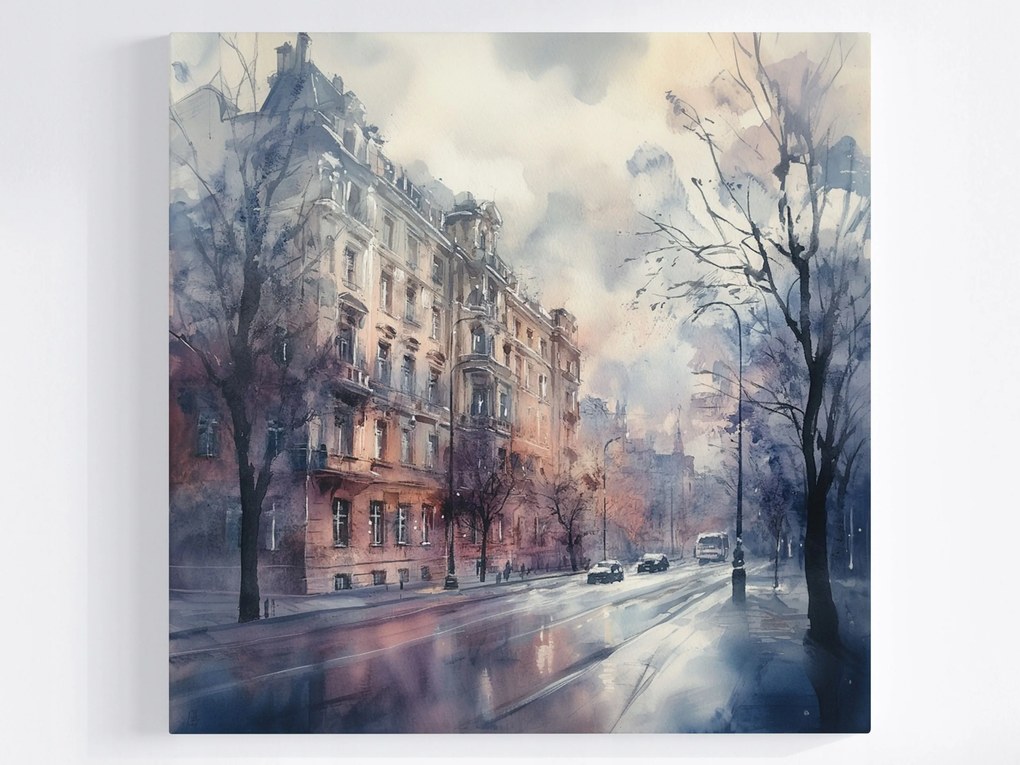 Vászonkép Canvas Akvarell Város Utca Bérházak Fák 80x80