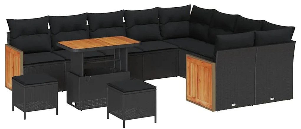 vidaXL Kerti Kanapé Szett 12 pcs Fekete Poli Rattan és Porfestett Acél