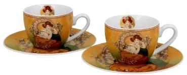 Porcelán eszpresszó kévés csésze aljjal két személyes szett díszdobozban Mucha Topáz