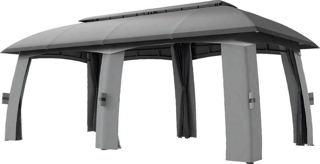 Outsunny Pavilon, 3 x 6 m-es Partysátor Dupla Tetővel, Kertiszín, Sörsátor Szúnyoghálóval, Maximum 15 Fő Részére, Kertbe, Galvanizált Fém, Sötétszürke