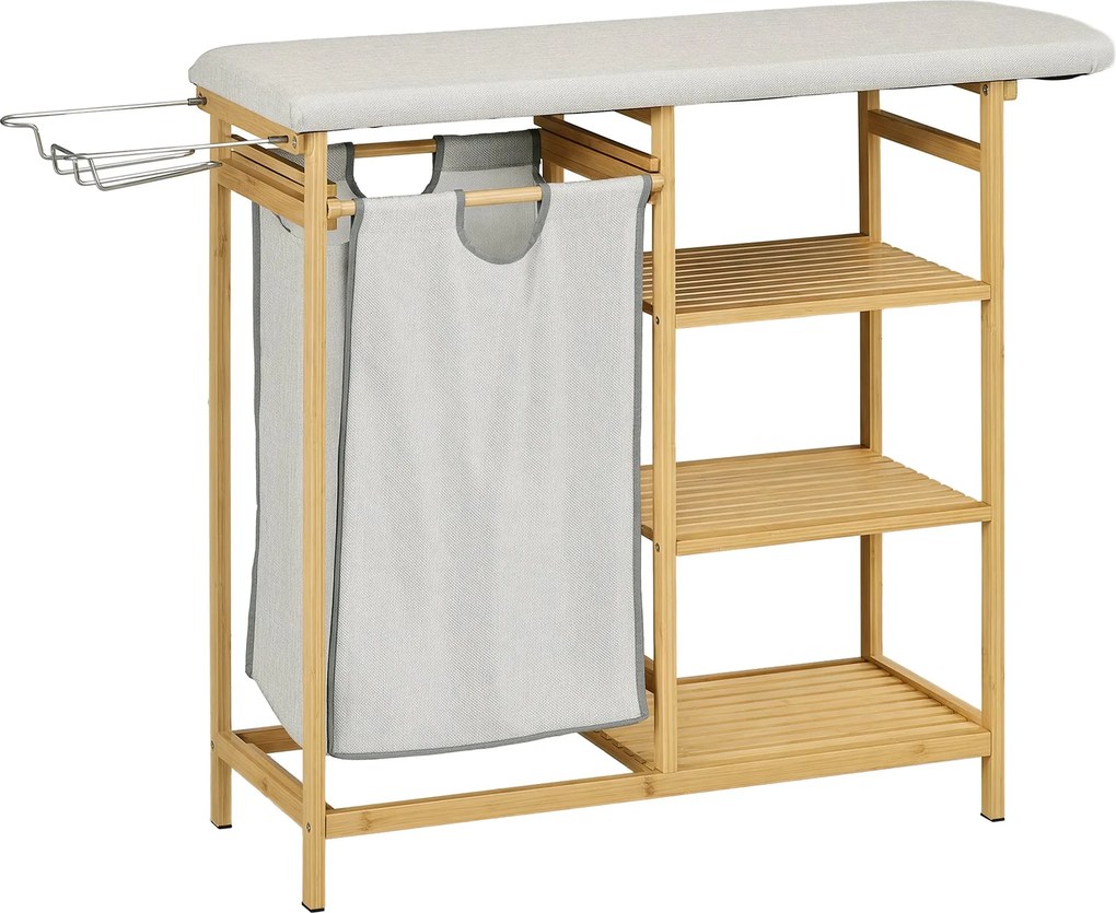 HOMCOM 57.4 L-es Textil Mosókosár Vasalódeszkával és Vasaló Támasszal, 3-Szintes Polccal, Kihúzható és Levehető Táskával, Fürdőszobába, Bambusz, Termé