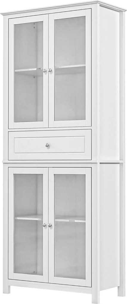 HOMCOM Konyhai Kamra Szekrény Üvegajtókkal és Állítható Polcokkal, 74x35.5x181.5 cm, Fehér | Aosom