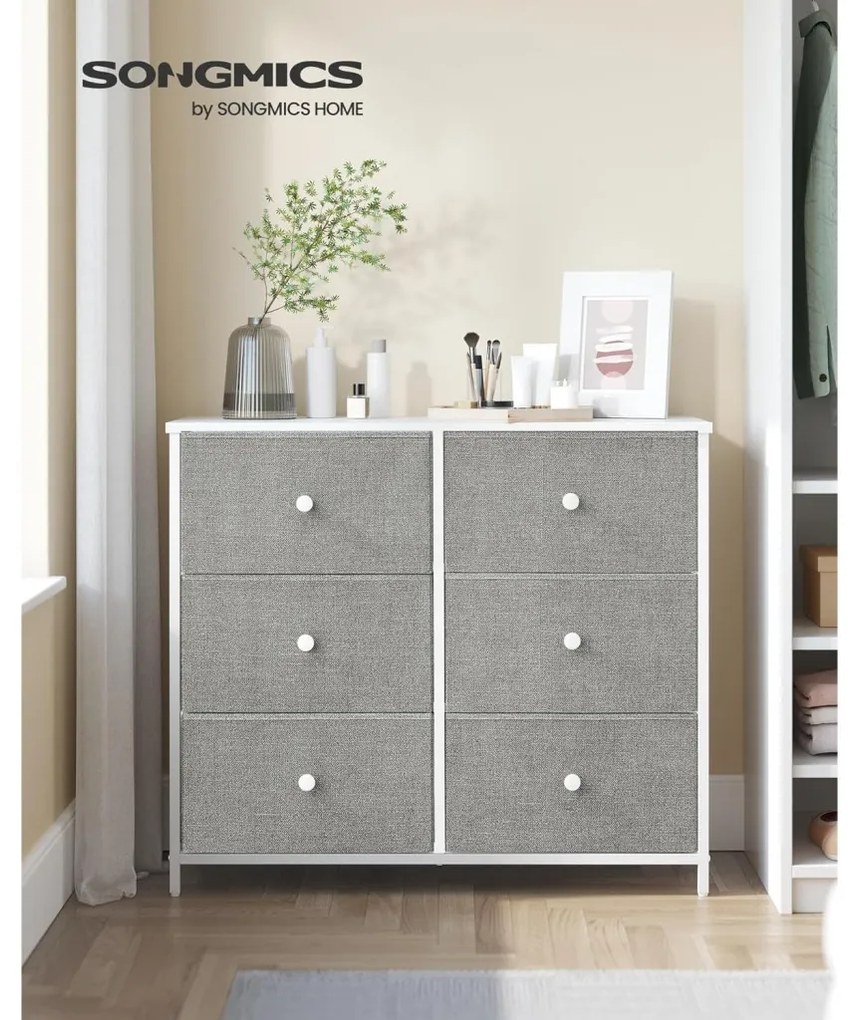 Tároló szekrény hat fiókkal, ruhás szekrény, fehér és világosszürke 80x30x71cm