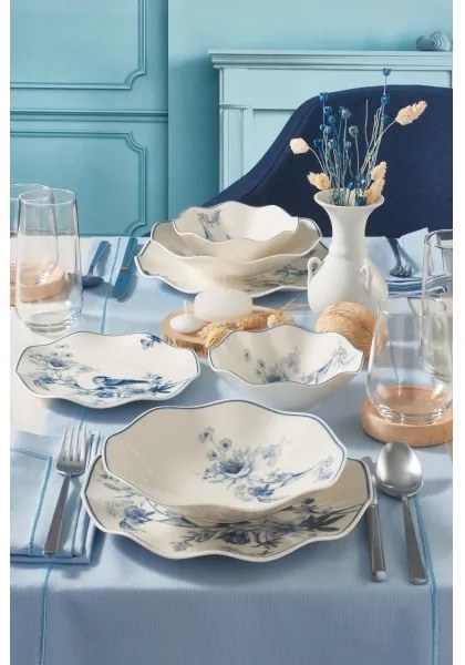 24 darabos étkészlet, fehér/kék, porcelán