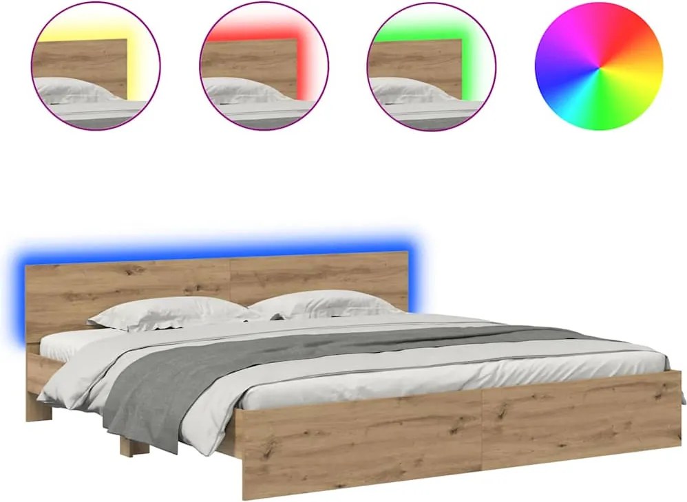 vidaXL Ágykeret LED -es lámpákkal Artisan tölgy 200 x 200 cm Faanyag