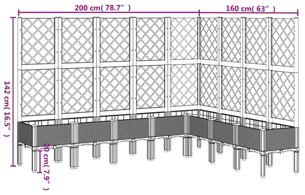 világosszürke PP rácsos kerti ültetőláda 200 x 160 x 142 cm