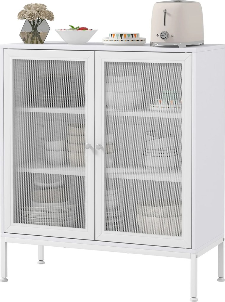 HOMCOM 3-Szintes Konyhai Konyhaszekrény Fém Rácsos Ajtókkal és Állítható Polccal Modern Konyhai Buffe Nappaliba és Étkezőbe 80x37x92 cm Fehér | Aosom