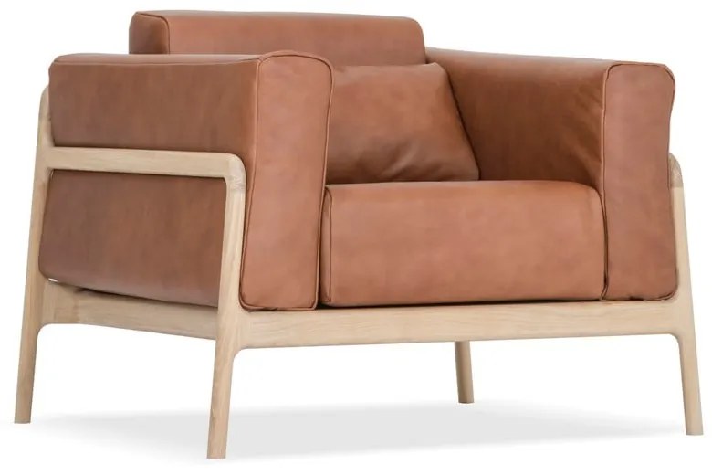 Fawn fotel tömör tölgyfa konstrukcióból konyakbarna bivalybőr ülőpárnával - Gazzda