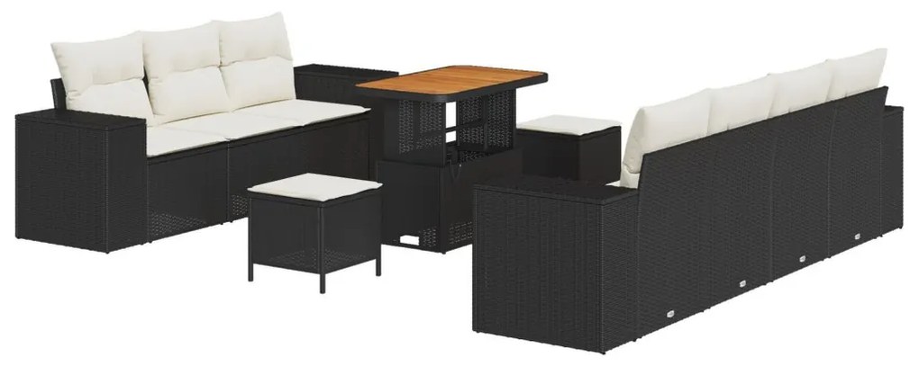 10 Darab Kerti Kanapé Készlet Párnákkal Fekete Poli Rattan Akáccal, 3 Darab Kerti Étkező Készlet Párnákkal Fekete Poli Rattan Akáccal