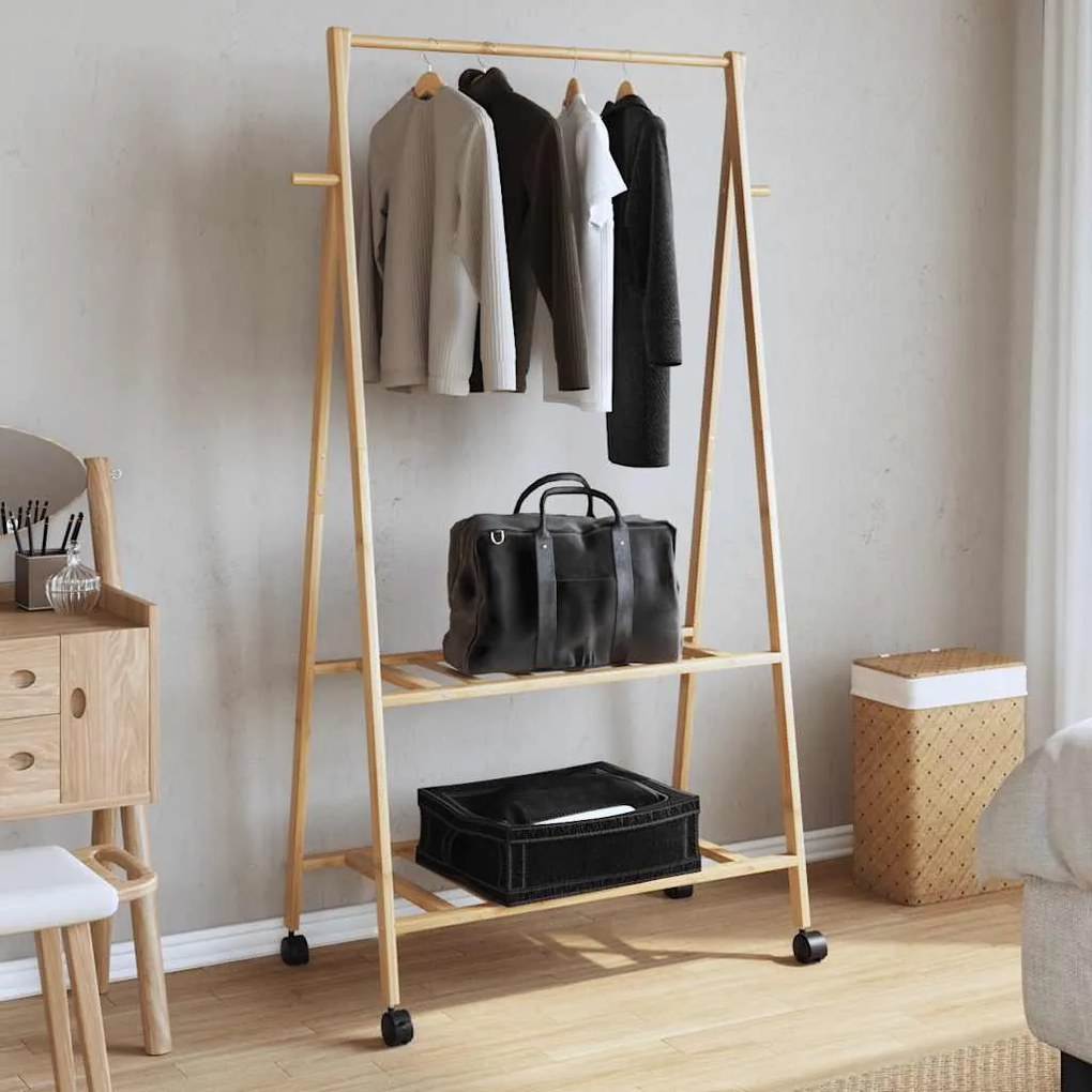 bambusz ruhaállvány polcokkal és kerekekkel 96x45,5x155,5 cm