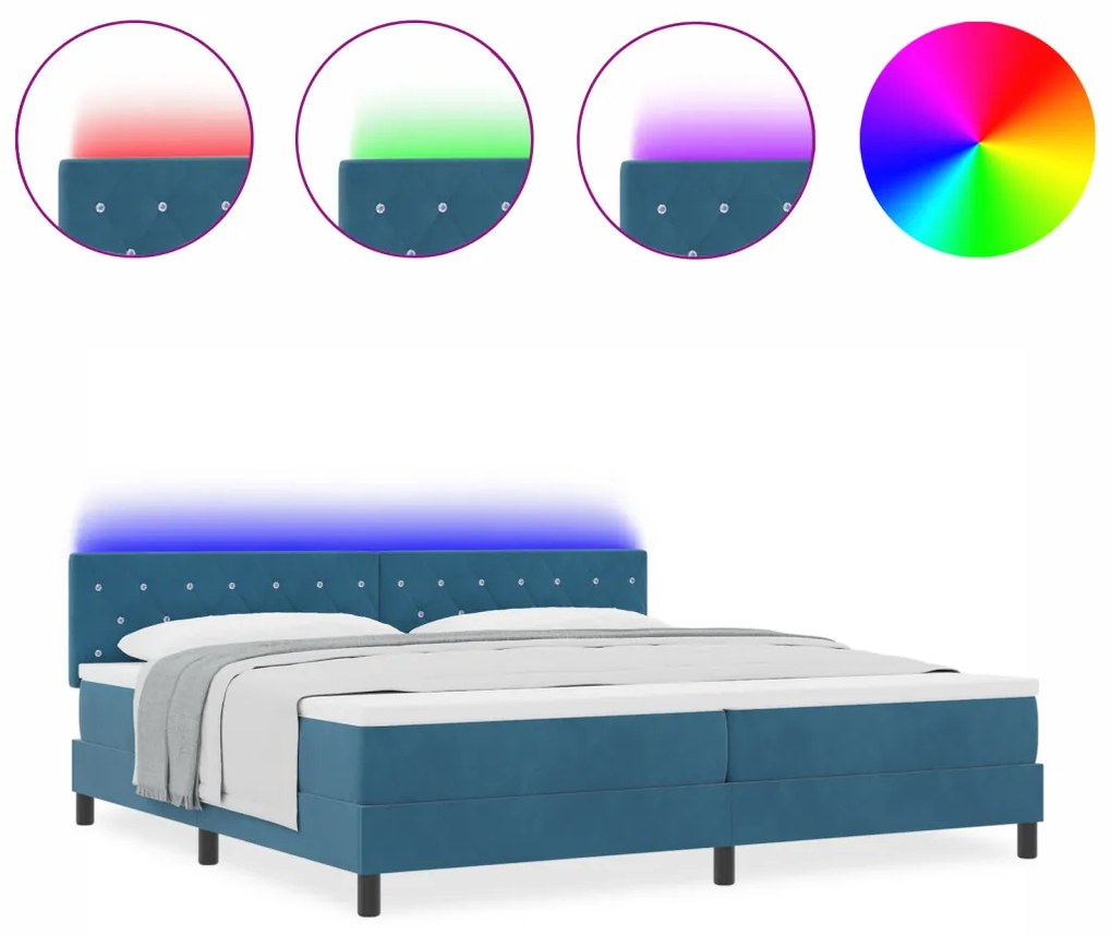 Boxspring Ágy Mattal & LED Sötétkék 200x200 cm Bársony
