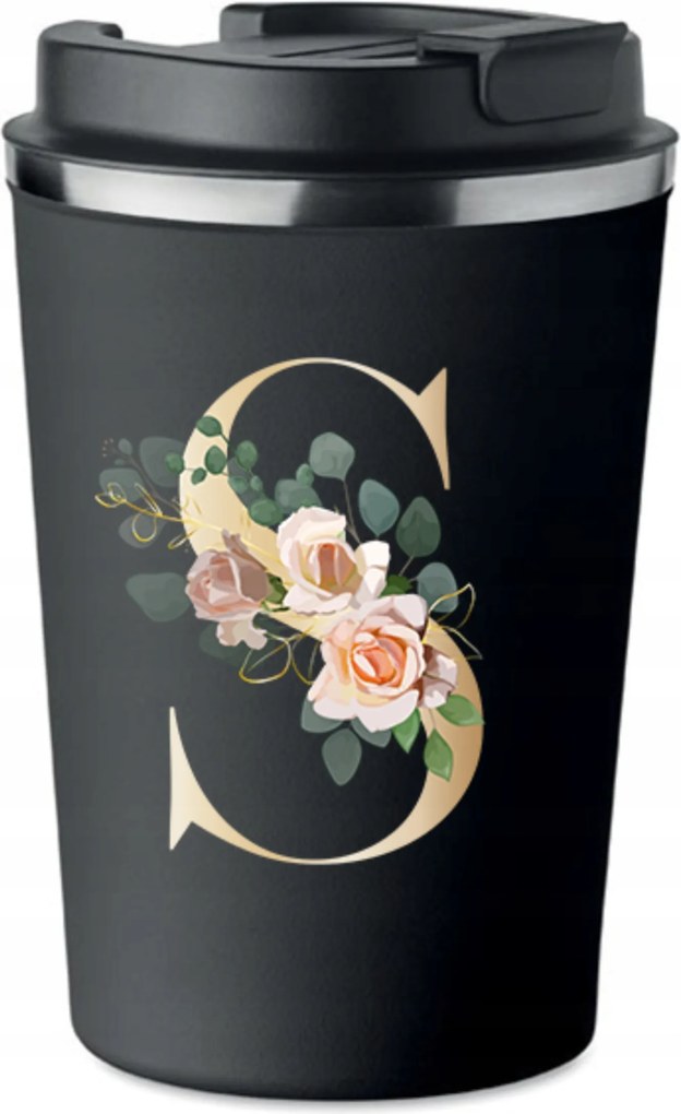 Prémium termo bögre fekete K betűvel monogrammal Sylvia KT_148_cz