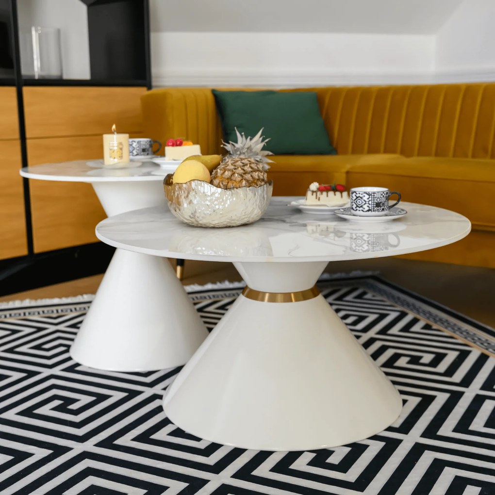 Dohányzóasztalok, 2 db-os szett, fehér márvány/fehér/arany, acél, MABUZ