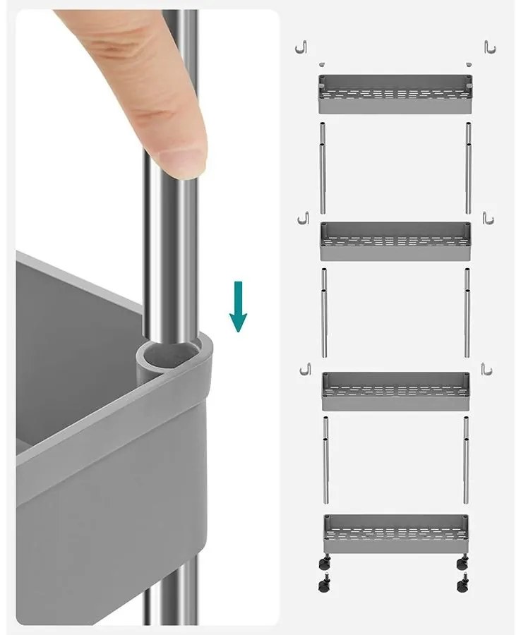 Tárolókocsi kerekeken, 4 szintes keskeny műanyag tároló, szürke