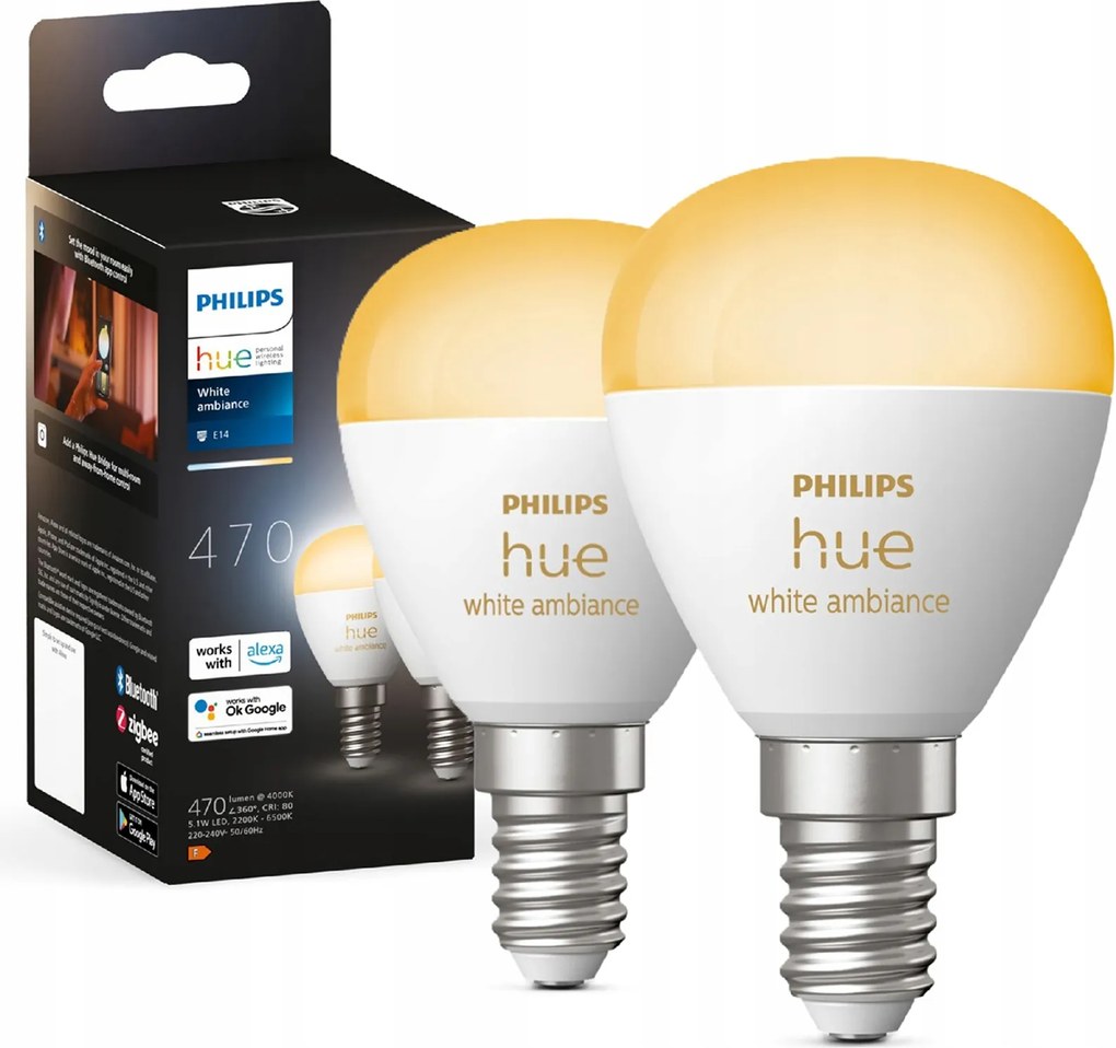 2x Led izzó E14 P45 5,1W 470lm 2200-6500K Fényerőszabályozható Smart Philips Hue