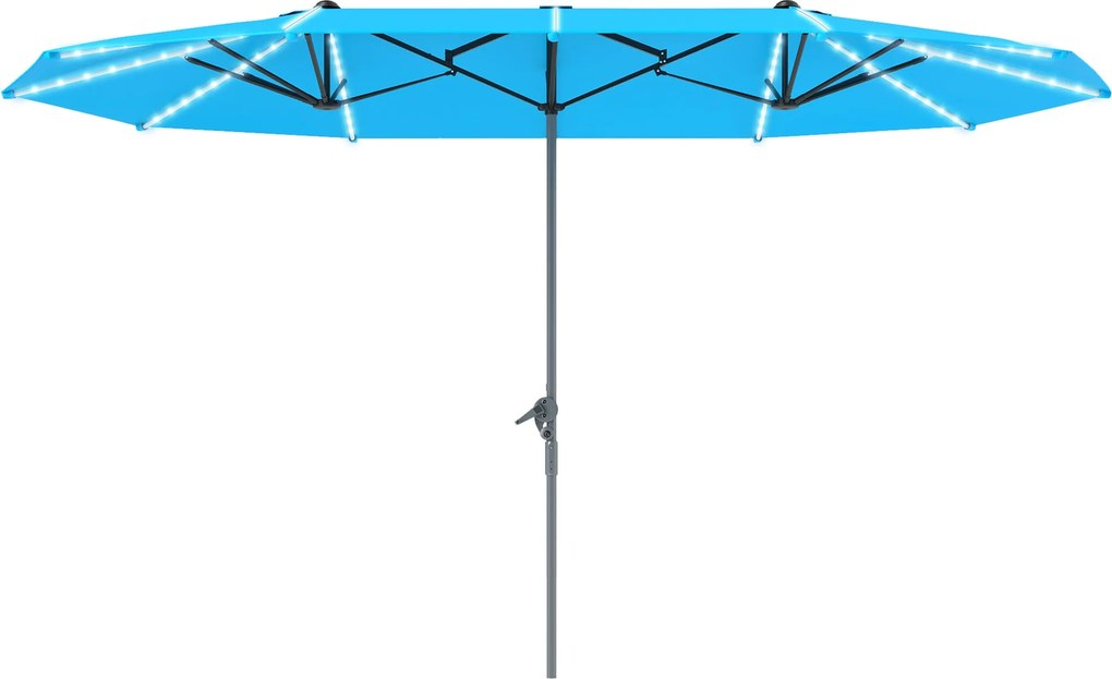 Outsunny Kétszárnyú Napernyő Napelemes LED Fényekkel 451x267 cm Alumínium UV 50+ Napernyő Kézi Karamellákkal Üvegszálas Rúdakkal, Erkély Napernyő Szél