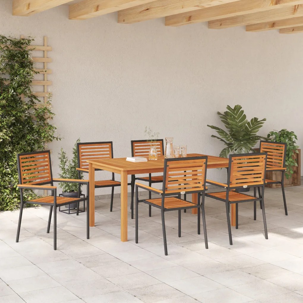 7 részes kert étkező szett fekete polyrattan akáciával, Stackelhető kerti székek párnákkal 2 db fekete polyrattan