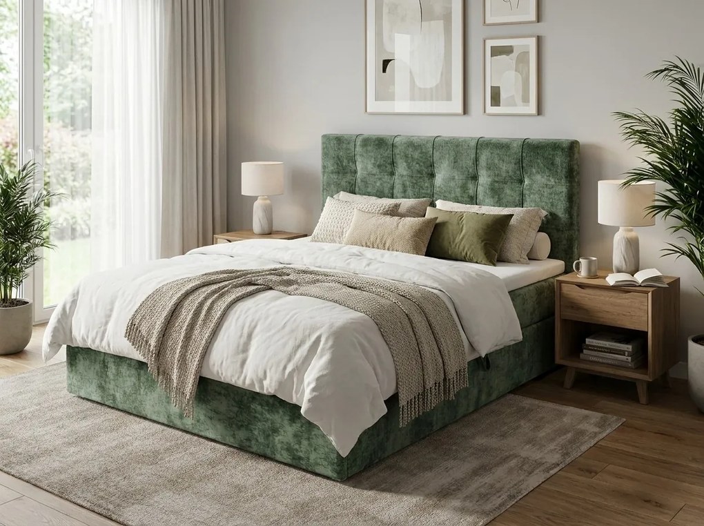 Kárpitozott boxspring ágy DIRELIS VIBE 140x200 cm sötétzöld Matrac: Bonell rugós matrac