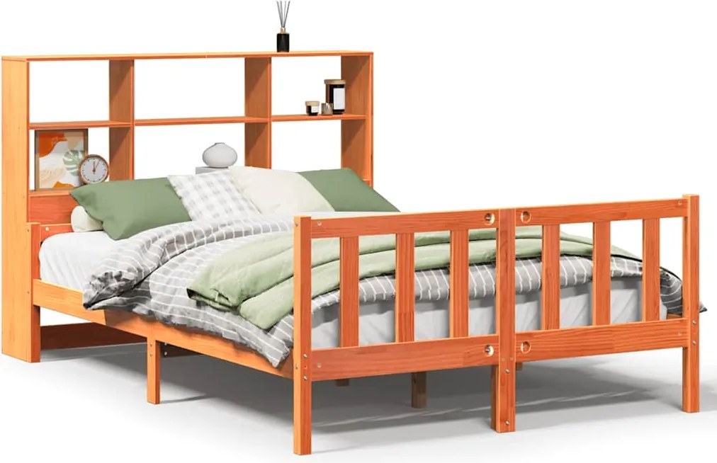 vidaXL viaszbarna tömör fa könyvespolcos ágy matrac nélkül 150 x 200cm