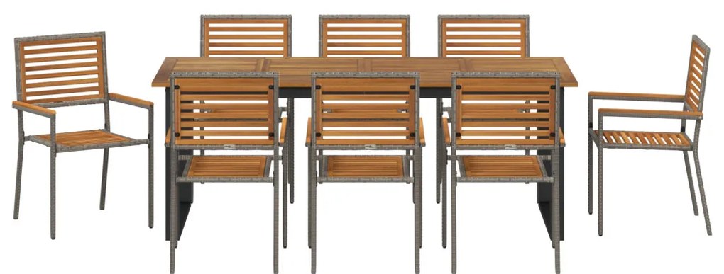 9 db-os Kerti Étkezőszett Szürke Poli Rattan Akác, Rakható Kerti Székek Párnákkal 2 db Szürke Poli Rattan