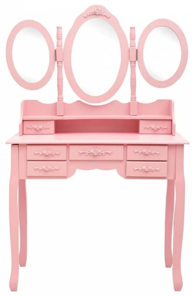 Rózsaszín fésülködőasztal ülőkével és háromrészes tükörrel
