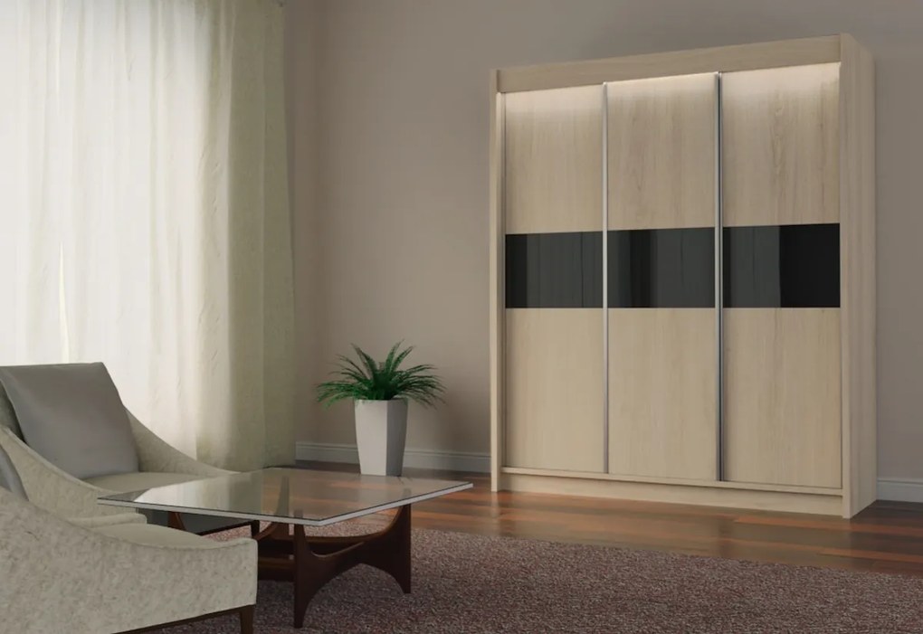 ALEXA tolóajtós ruhásszekrény, sonoma/fekete üveg, 150x216x61