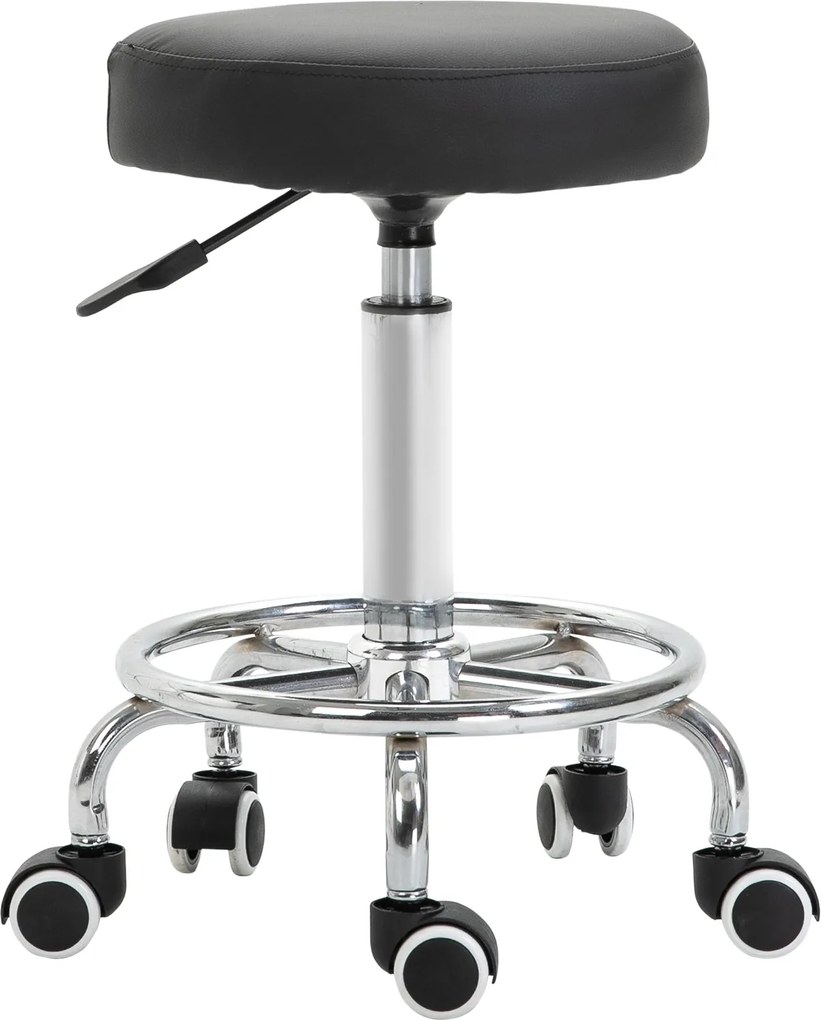 Vinsetto Görgős Szék Beállítható Munka Szék Lábgyűrűvel, Forgó Szalon Szék Kerekekkel Műbőrből Fekete Ø42 x 50-64 cm | Aosom