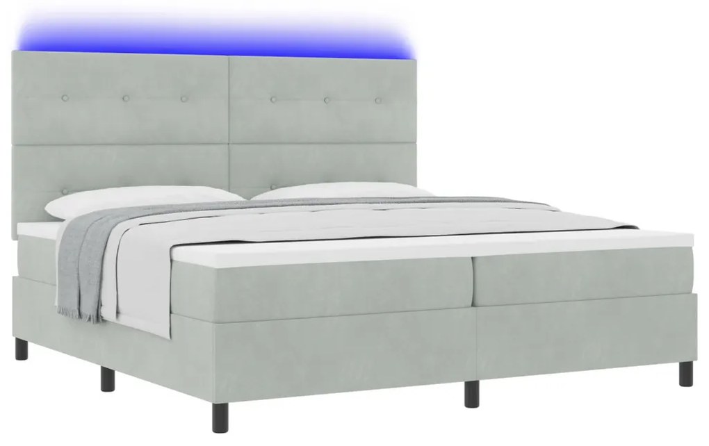 Bokszrugós Ágy Matrallel és LED Fénnyel Szürke 200x200 cm Bársony
