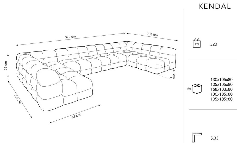 Fekete bársony sarokkanapé ("U" alakú) Kendal – Micadoni Home