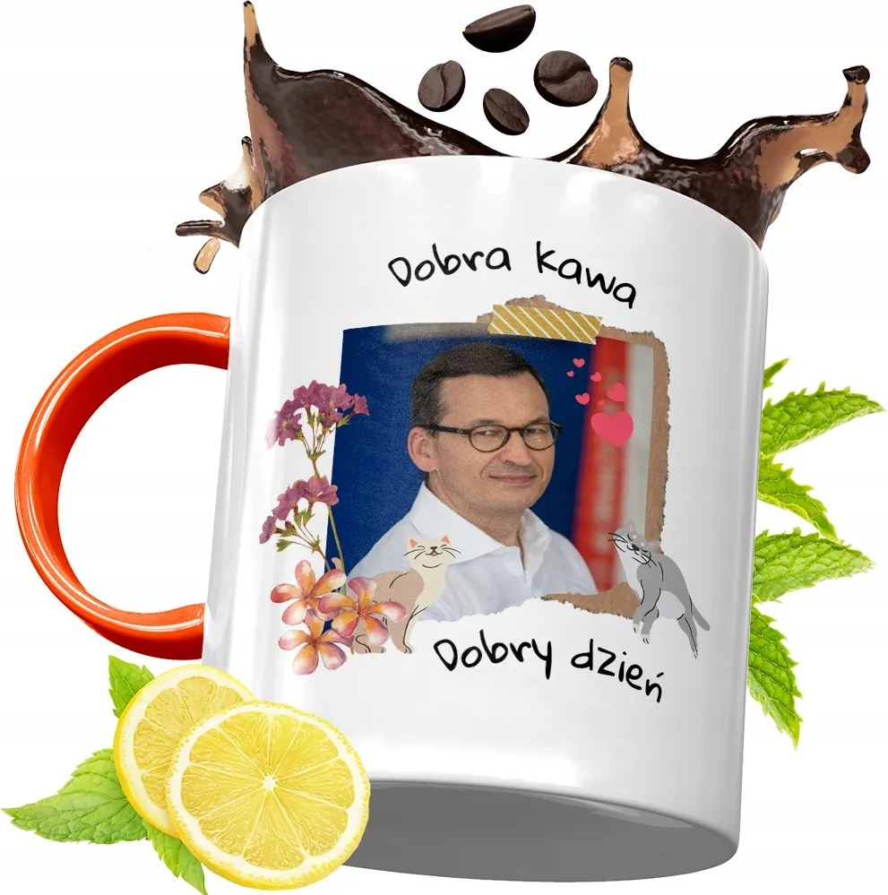 Narancssárga Bögre Mateusz Morawiecki Ajándék fényképes nyomtatással