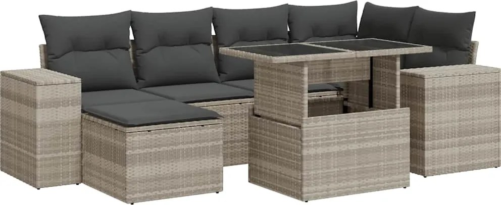 vidaXL 7 részes világosszürke polyrattan kerti ülőgarnitúra párnákkal