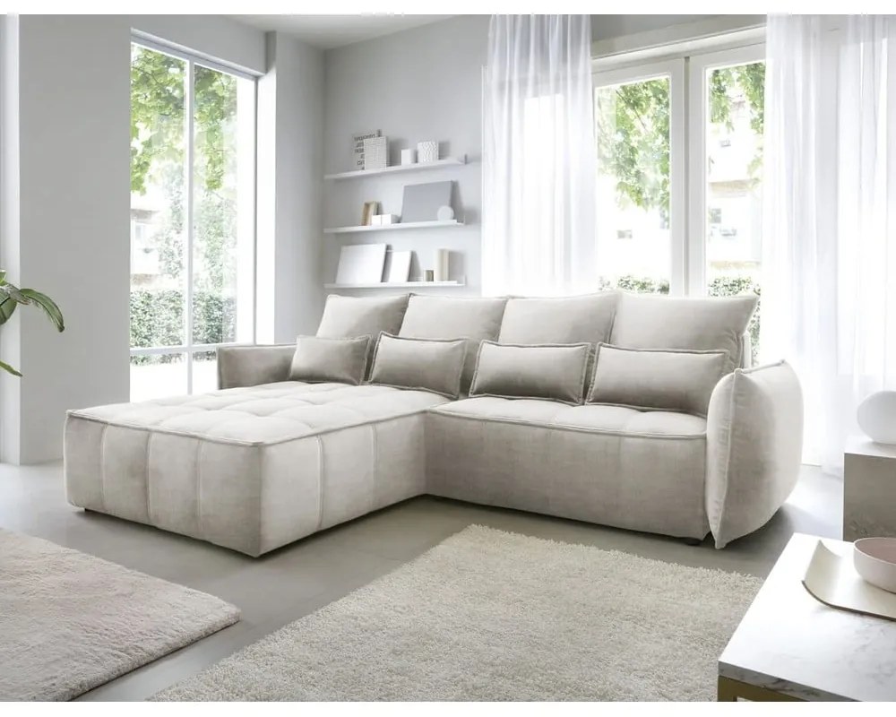 Bézs bársony kinyitható-tárolóhelyes sarokkanapé (bal oldali-heverő résszel) Campo – ELTAP