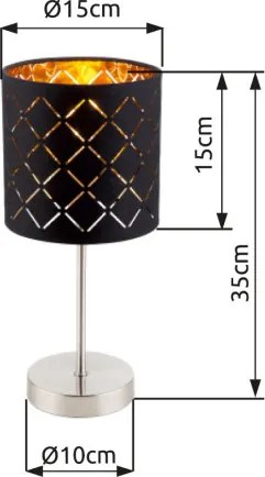 Globo 15229T Asztali textil, fekete-arany, kábel 1,5 m, Schalter, ø: 150, H:350, exkl. 1xE14 40W 230V