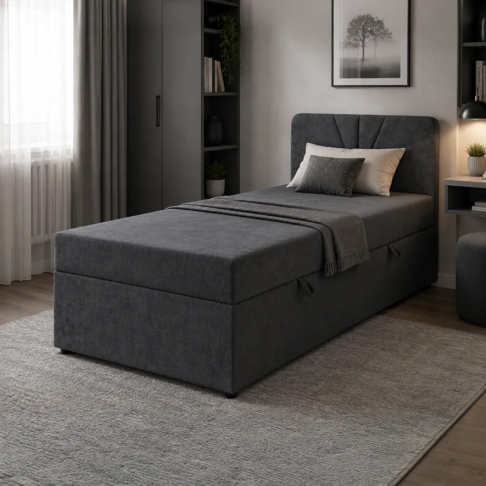 Boxspring ágy, egyszemélyes, szürke, 90x200, univerzális, SUPA