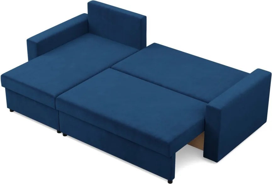 Zeus sarokkanapé, 2 ágyneműtartóval, egyenes kartámasz, bársony, univerzális oldal, bonell töltet, kék