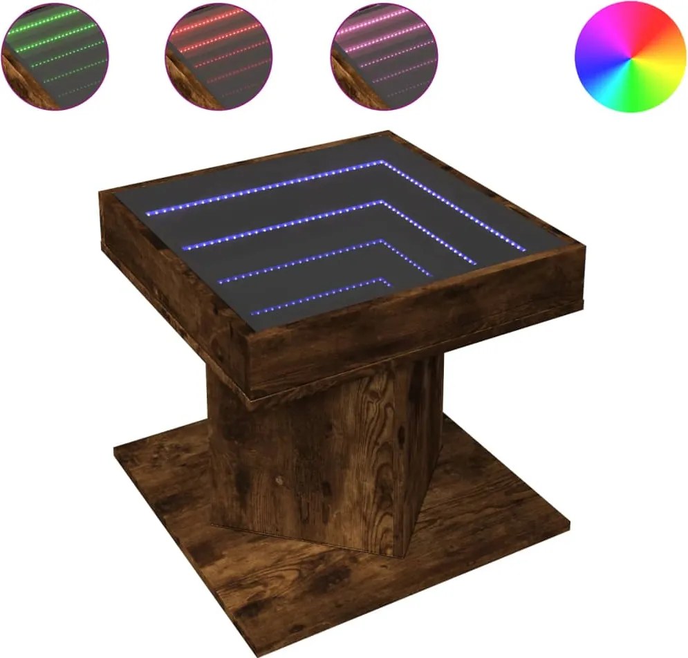 vidaXL füstös tölgy szerelt fa dohányzóasztal LED-del 50 x 50 x 45 cm