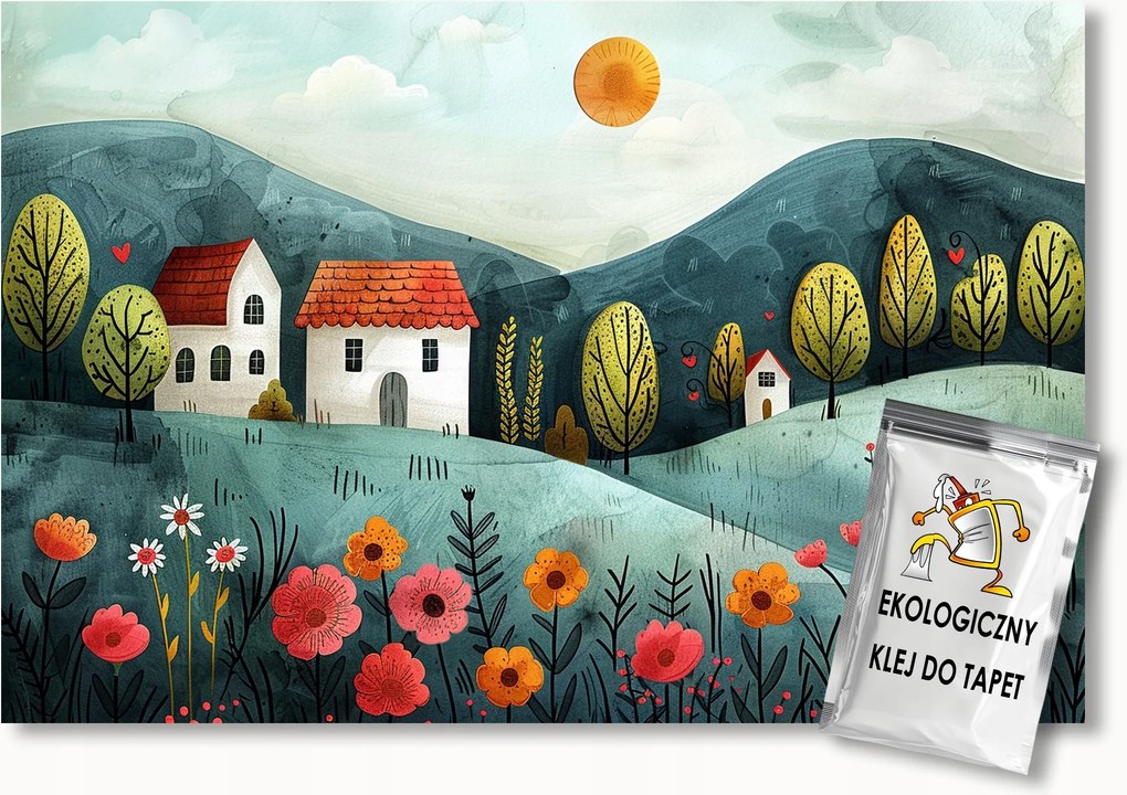 Fotótapéta Flizelina Gyerekek Tájkép Hegyek Házak Rét Virágok 350x250 ragasztó