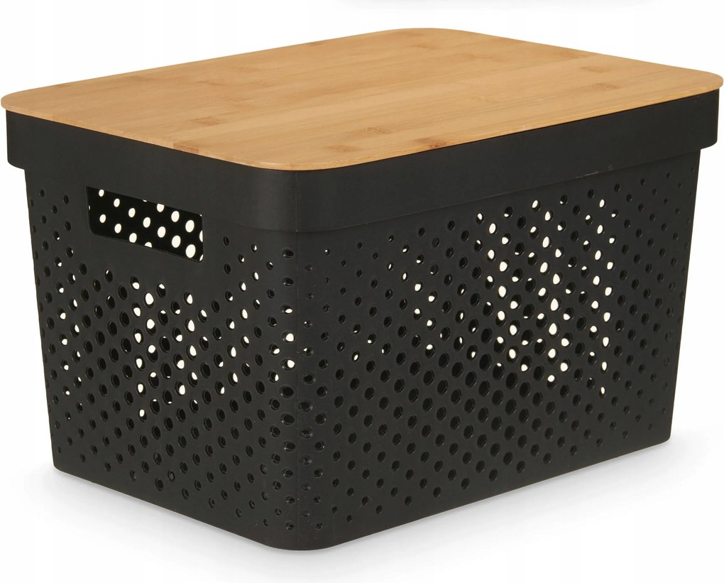 Fekete Műanyag Tárolódoboz Bambusz Fedéllel 36 X 26 X 22 CM Élelmiszerekhez