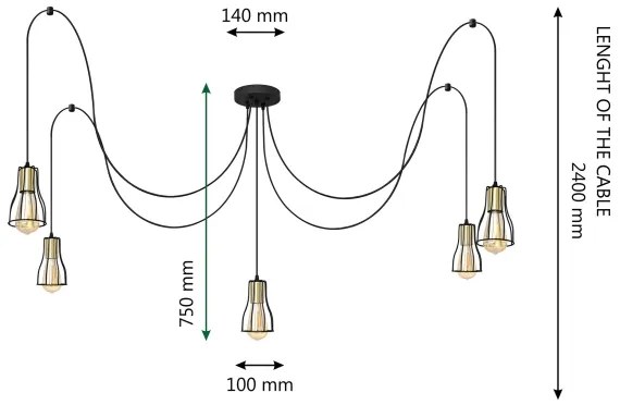 Csillár zsinóron TUBE LONG 5xE27/15W/230V fekete/arany