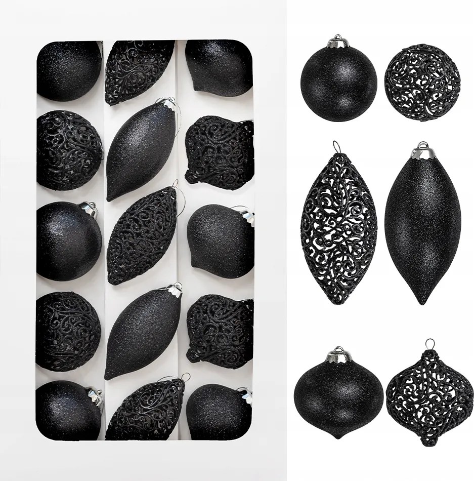 Karácsonyfa gömbök fekete Karácsonyi Szett 15 db-os karácsonyfadísz szett