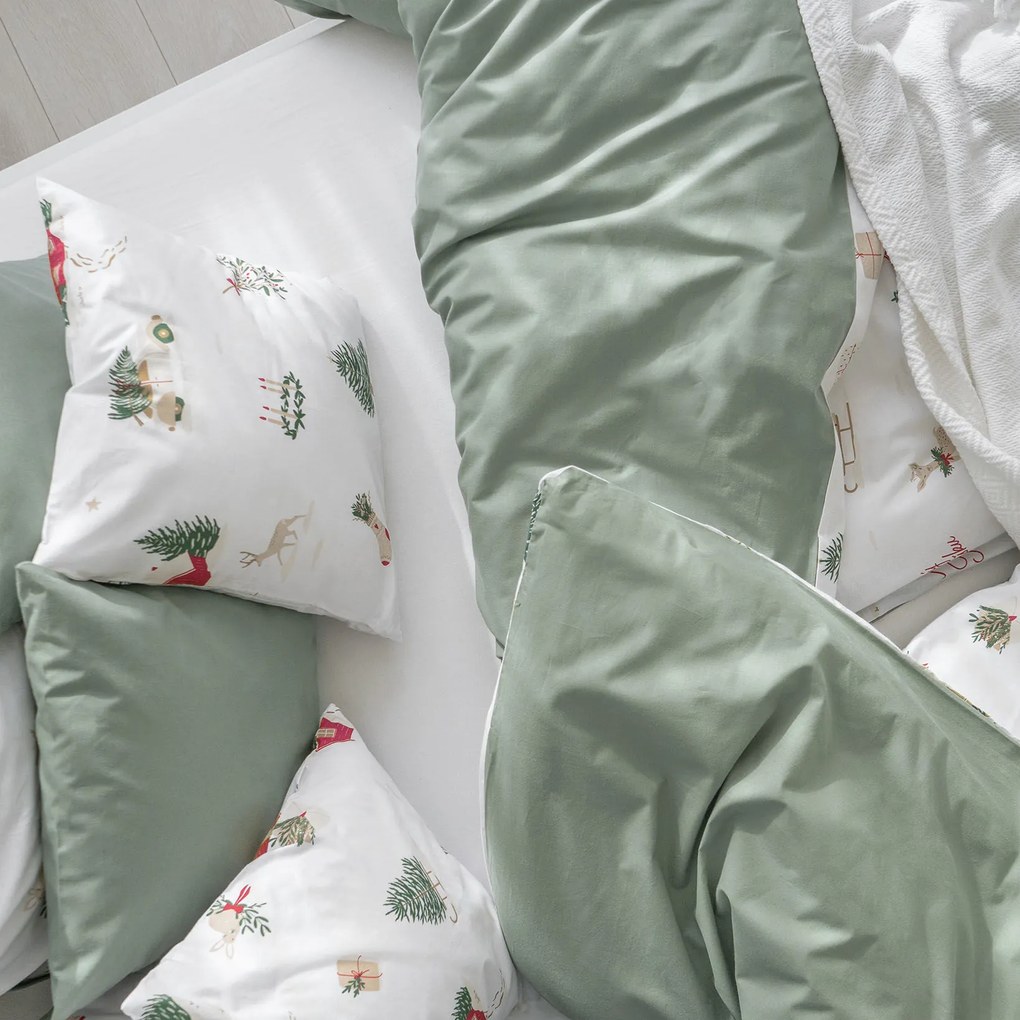 Goldea karácsonyi pamut ágyneműhuzat duo - tradicionális karácsonyi, zsálya színű hátoldal 140 x 200 és 70 x 90 cm