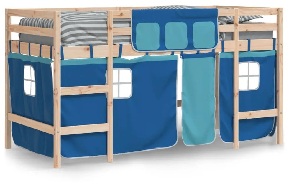 kék tömör fenyőfa gyerek galériaágy függönnyel 90 x 190 cm